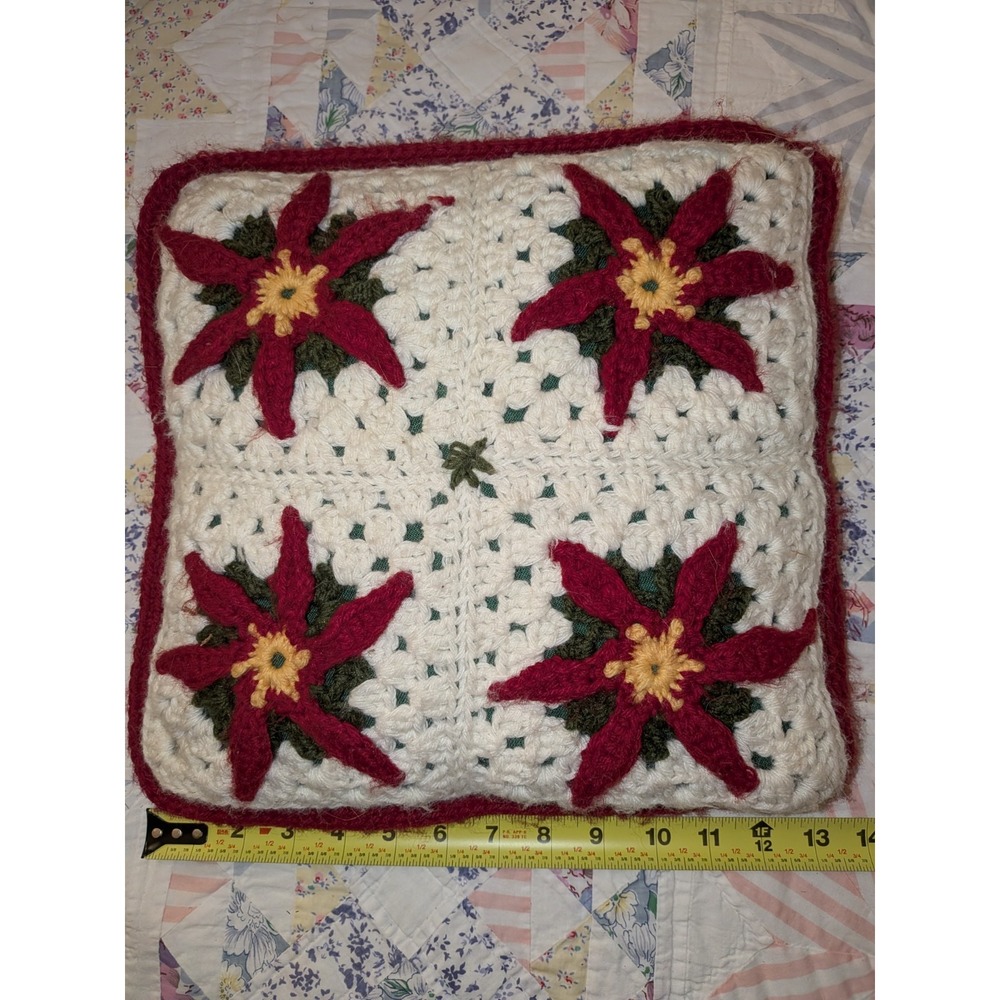 Vintage Christmas Poinsettia Crochet Throw Pillow Holiday Cabincore 12sq Cottage